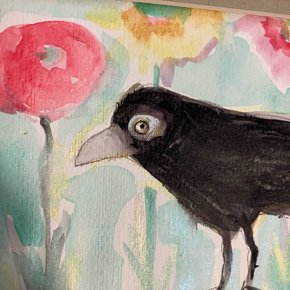 Garden Crow”An Original Watercolor /Mixed Media Painting Matted 5"x7" - Picture 8 of 11